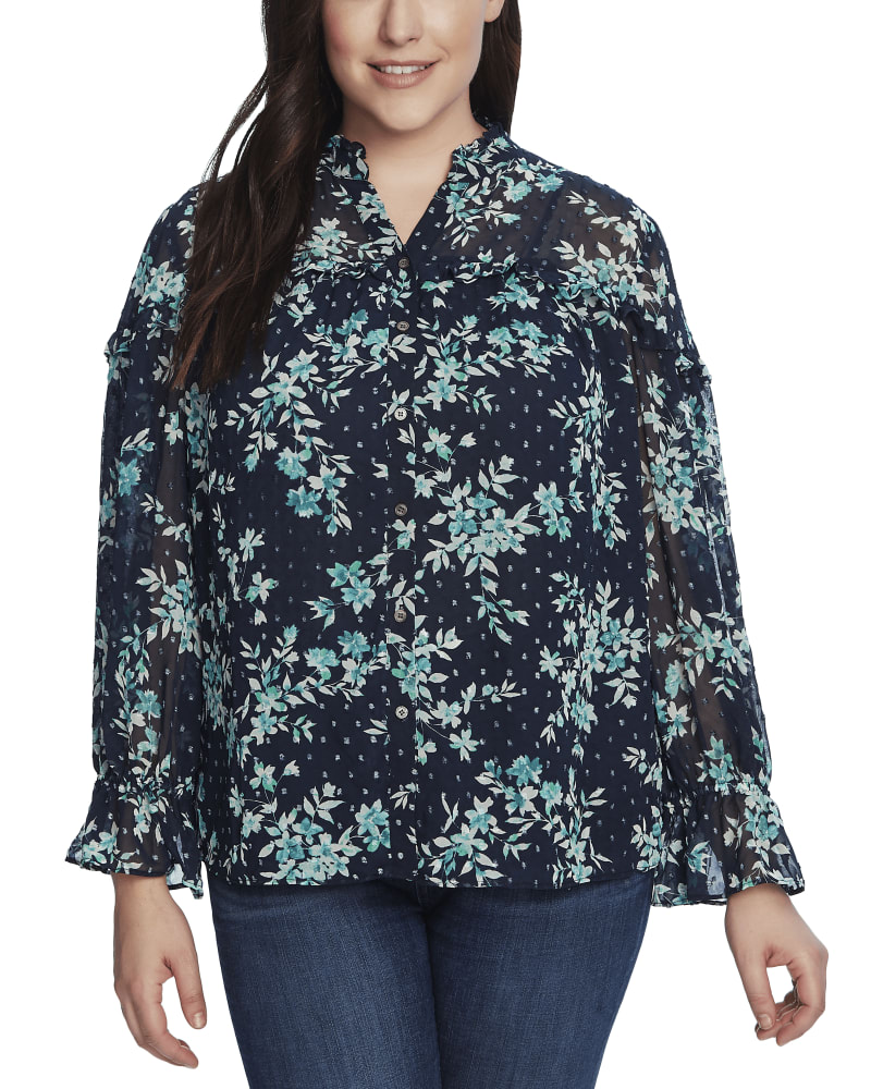 Front of a model wearing a size 1X Addie Button-Front Blouse in 402-NIGHT SHADE by CeCe. | dia_product_style_image_id:263888